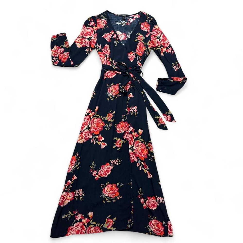 Cottagecore Floral Maxi Wrap Dress Romantic Boho Navy blue Forever 21-Size S